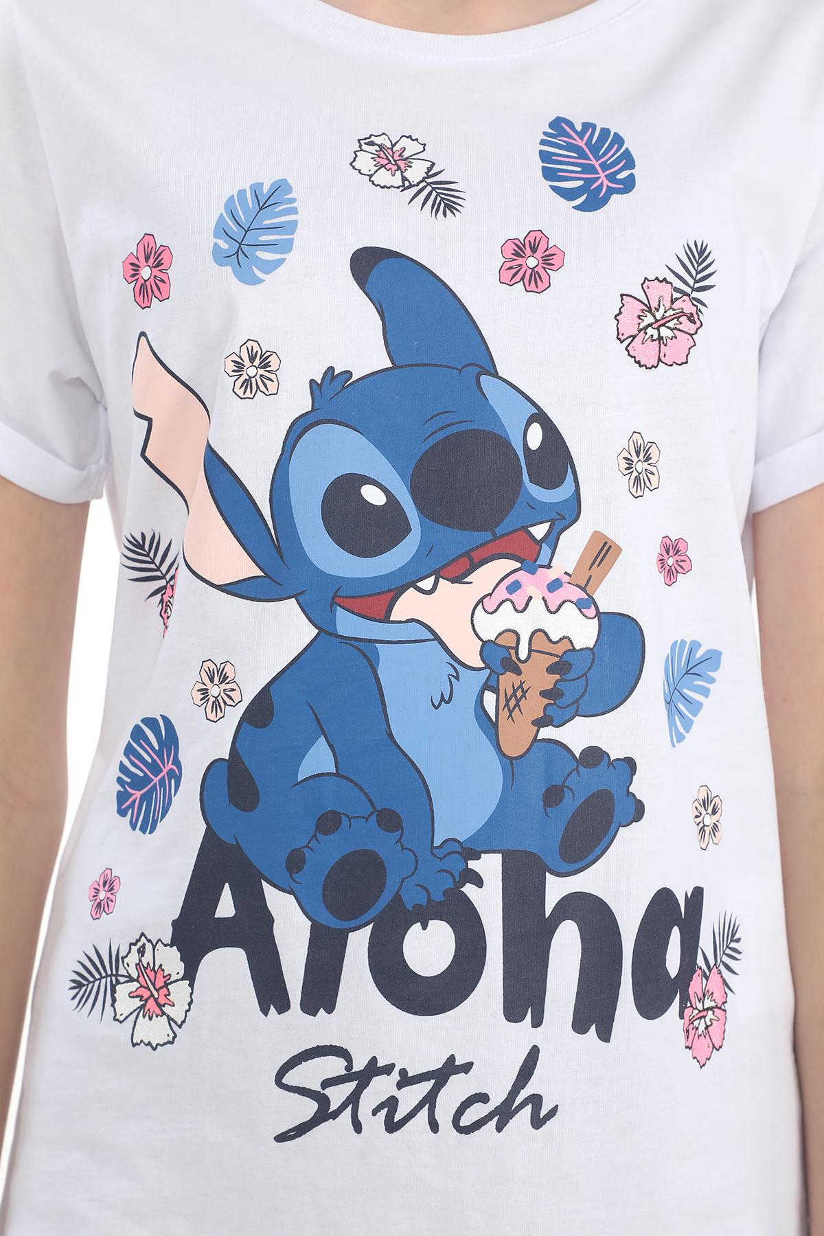 ORİJİNAL DISNEY STITCH ALOHA SİMLİ BASKILI PAMUK ÇOCUK T​SHIRT- 55127-BEYAZ