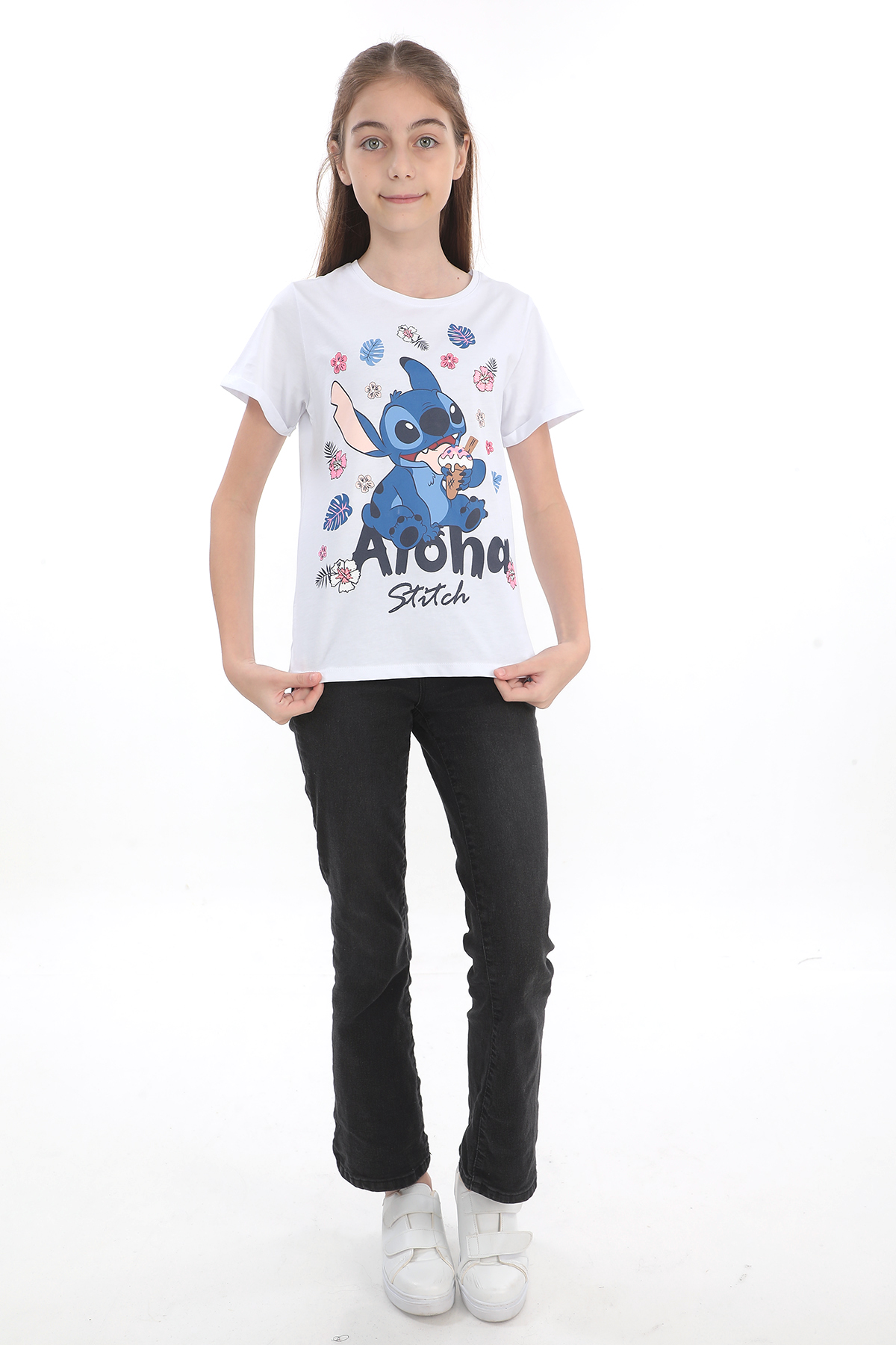 ORİJİNAL DISNEY STITCH ALOHA SİMLİ BASKILI PAMUK ÇOCUK T​SHIRT- 55127-BEYAZ