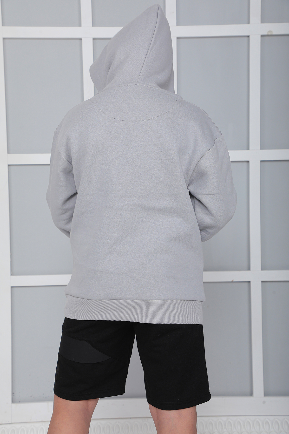 Erkek Çocuk Gri Kapüşonlu 3 iplik Şardonlu Polarlı Rahat Kesim Sweatshirt S402GRİ