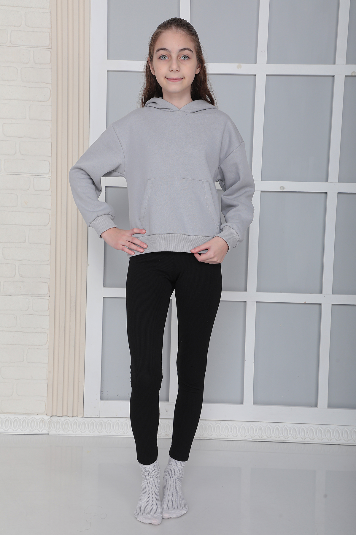 Kız Çocuk Gri Kapüşonlu 3 iplik Şardonlu Polarlı Rahat Kesim Sweatshirt S302GRİ