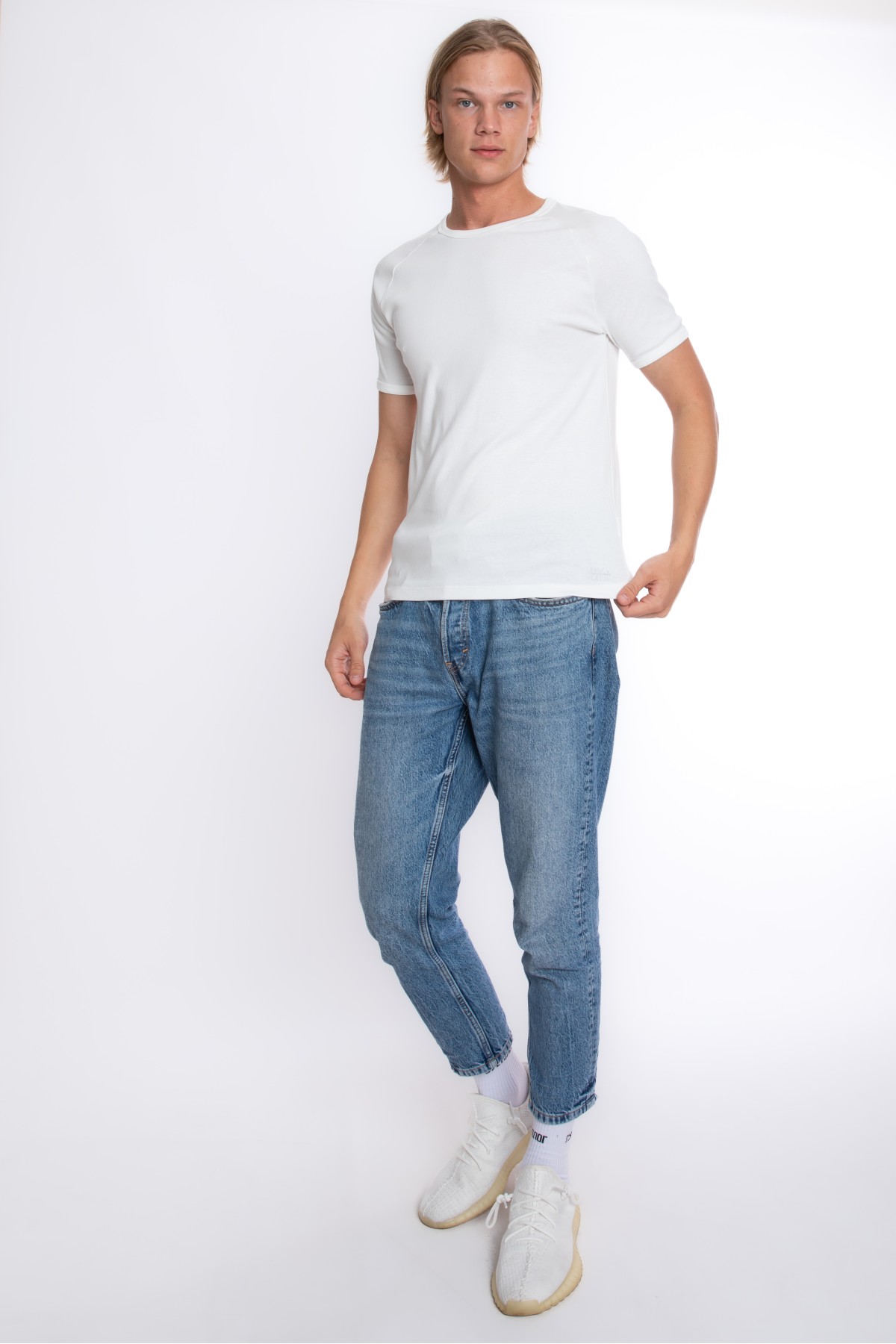 Erkek SLIM FIT EKRU %100 Pamuk Bisiklet Yaka Ribana Reglan Tişört  S-201