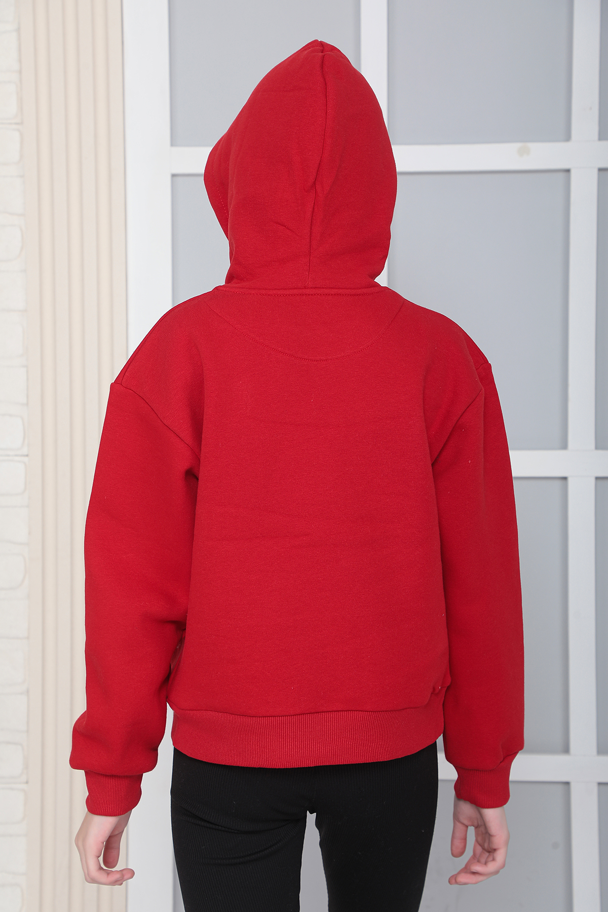 Kız Çocuk Kırmızı Kapüşonlu 3 iplik Şardonlu Polarlı Rahat Kesim Sweatshirt S302KIRM