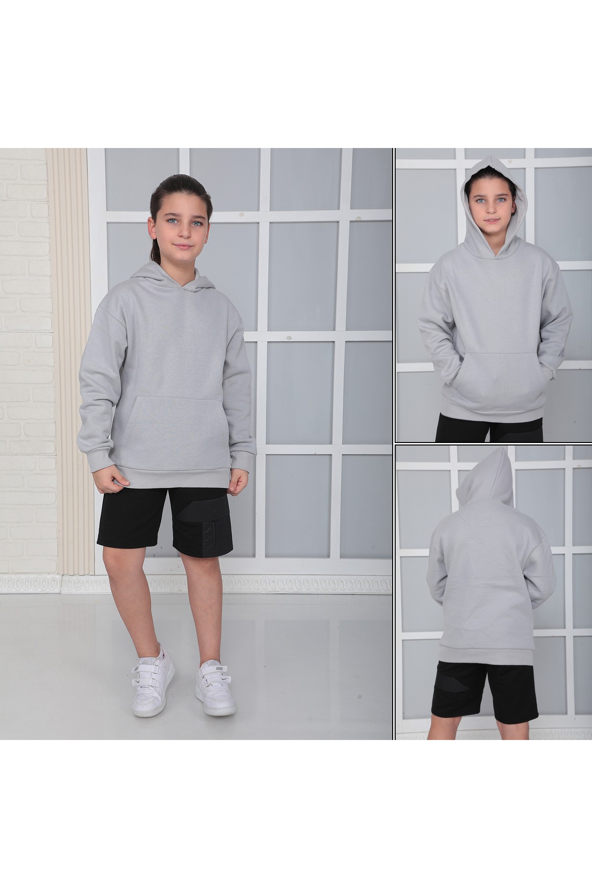 Erkek Çocuk Gri Kapüşonlu 3 iplik Şardonlu Polarlı Rahat Kesim Sweatshirt S402GRİ