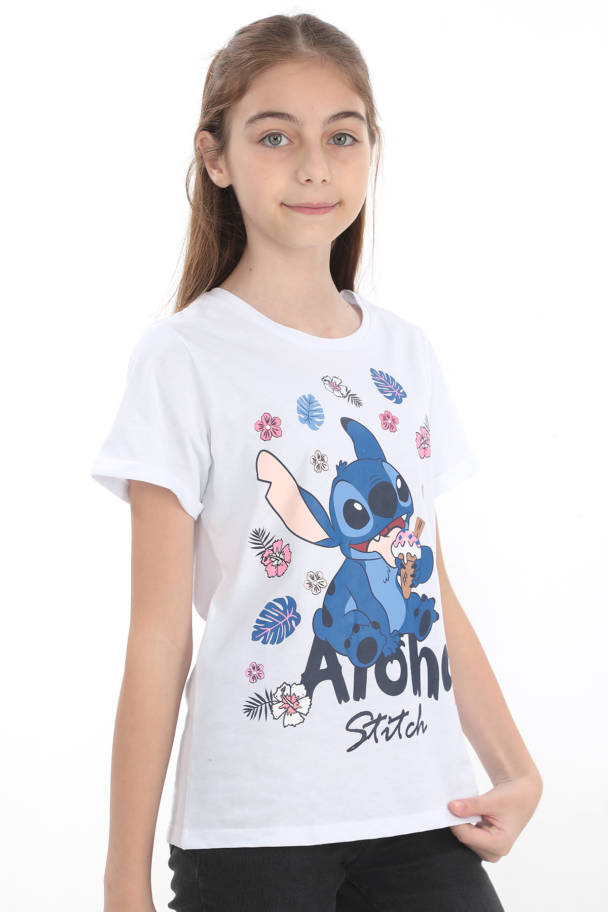 ORİJİNAL DISNEY STITCH ALOHA SİMLİ BASKILI PAMUK ÇOCUK T​SHIRT- 55127-BEYAZ