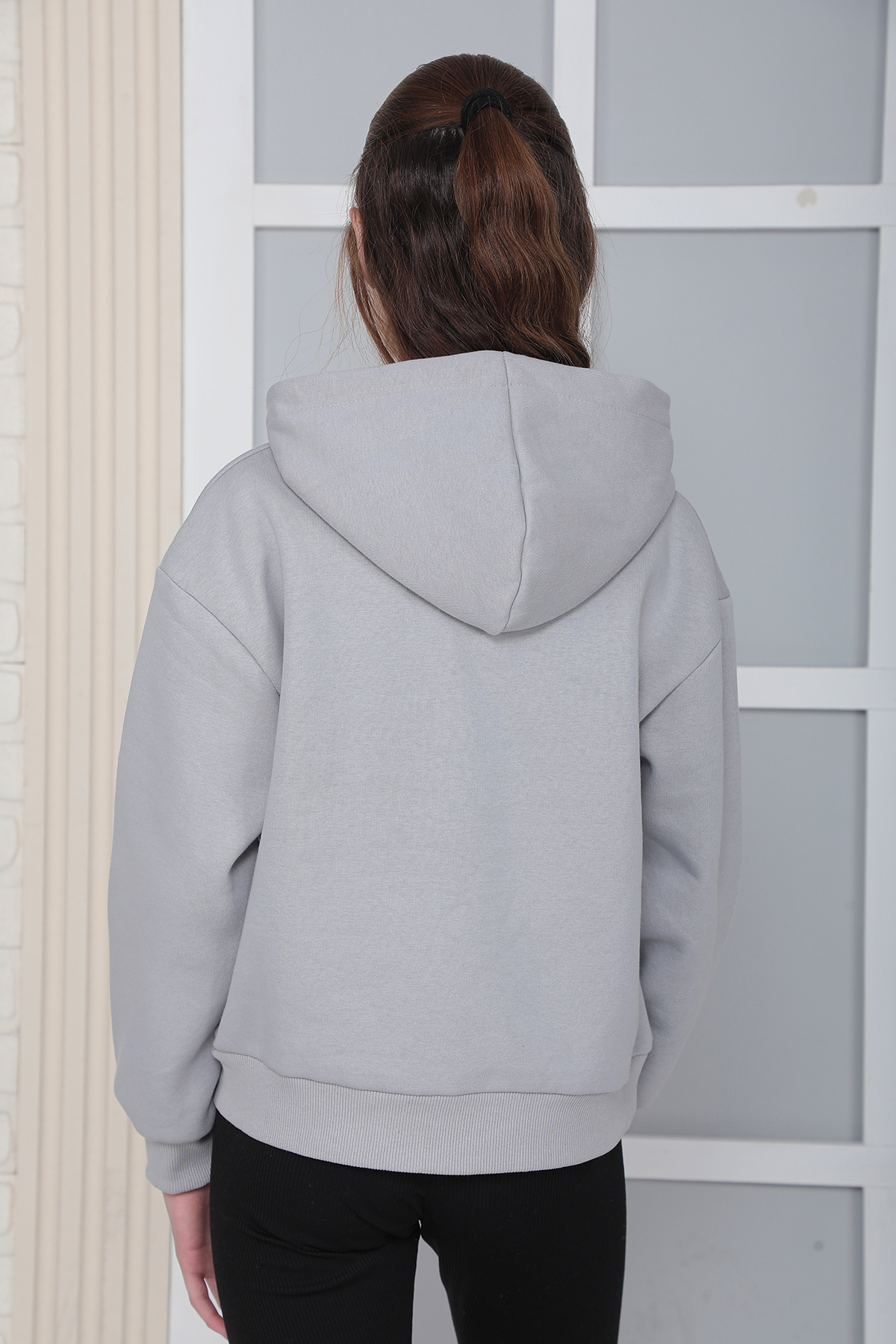 Kız Çocuk Gri Kapüşonlu 3 iplik Şardonlu Polarlı Rahat Kesim Sweatshirt S302GRİ